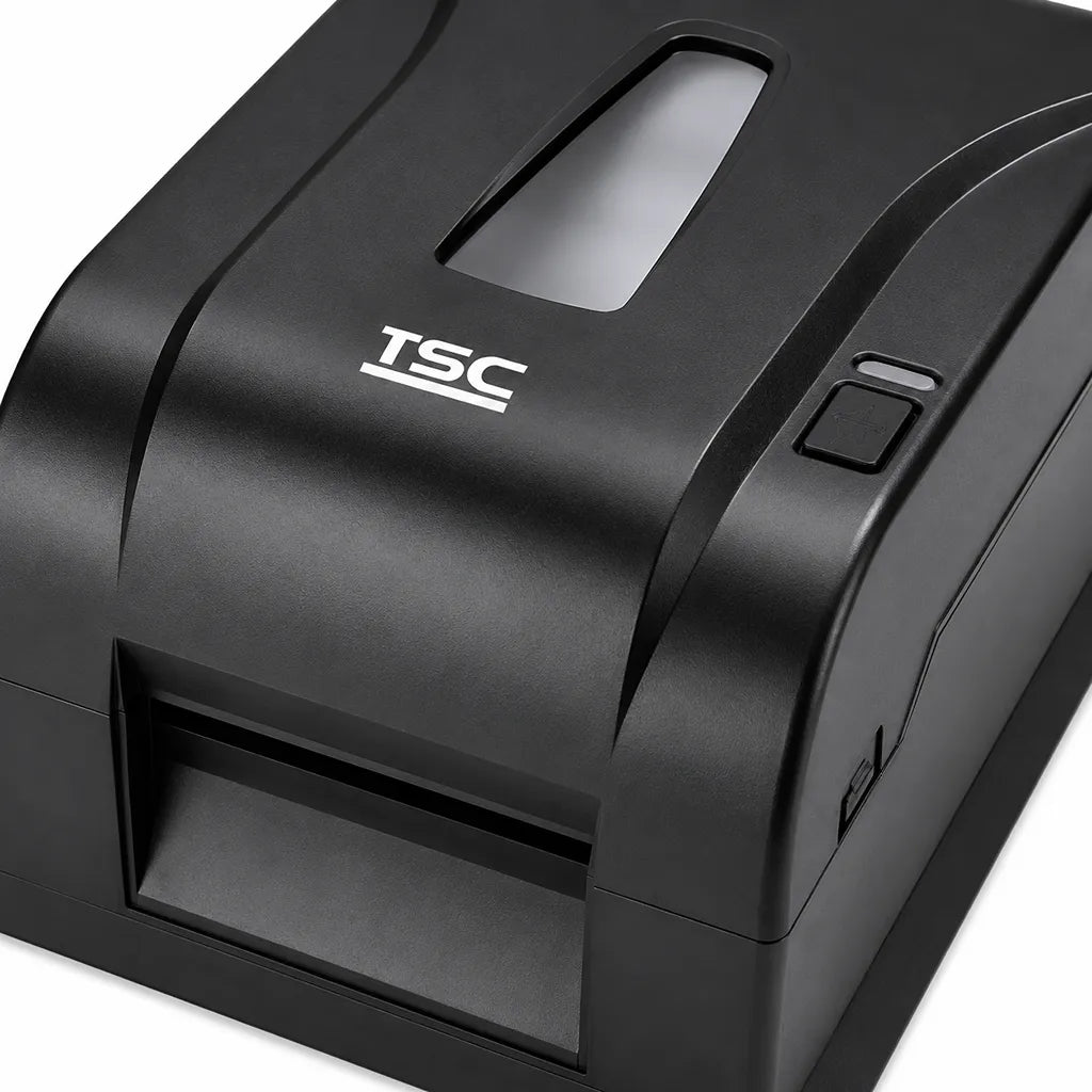 Close-up of TSC TA220 Desktop Thermal Transfer Barcode Label Printer 203 DPI Black highlighting top panel, viewing window and control button - tpstech.in