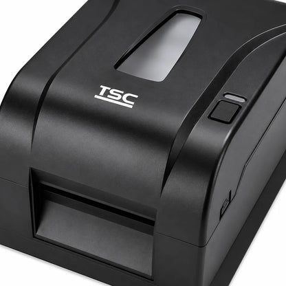 Close-up of TSC TA220 Desktop Thermal Transfer Barcode Label Printer 203 DPI Black highlighting top panel, viewing window and control button - tpstech.in
