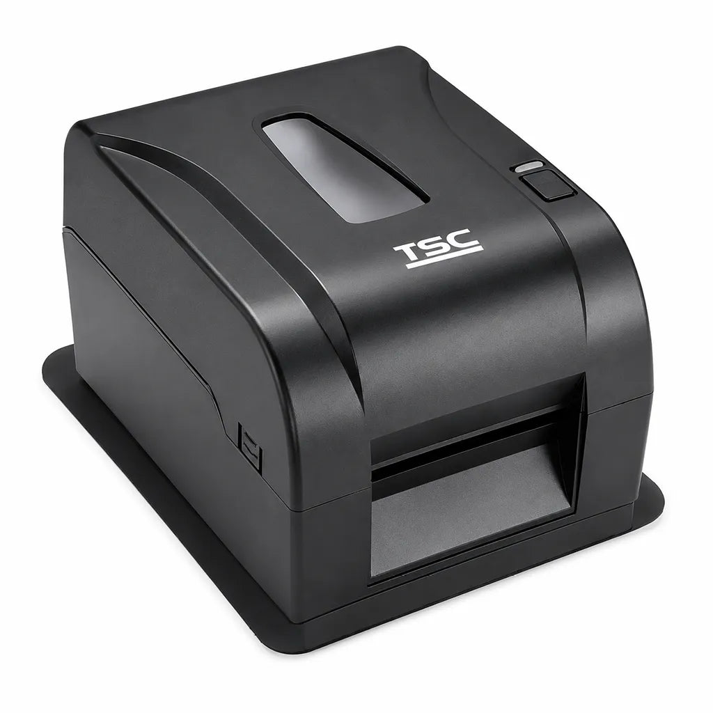 TSC TA220 Desktop Thermal Transfer Barcode Label Printer 203 DPI Black front left angle view with durable desktop design - tpstech.in