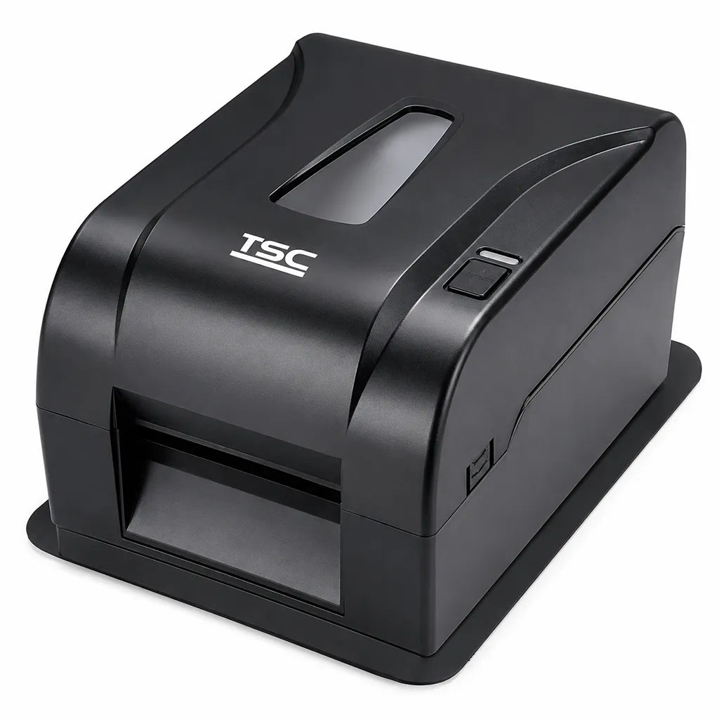 TSC TA220 Desktop Thermal Transfer Barcode Label Printer 203 DPI Black front right angle view with compact desktop design - tpstech.in