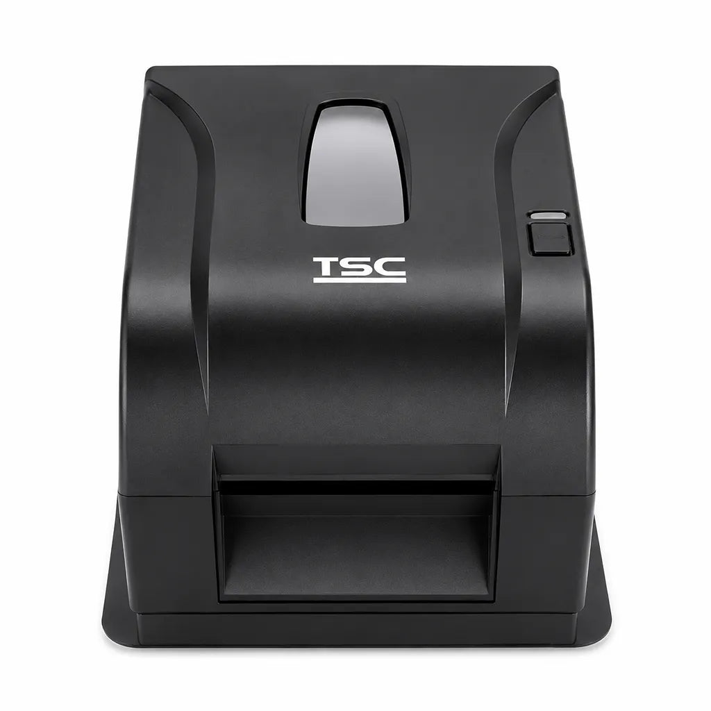 TSC TA220 Desktop Thermal Transfer Barcode Label Printer 203 DPI Black front view showing label output slot and compact design - tpstech.in