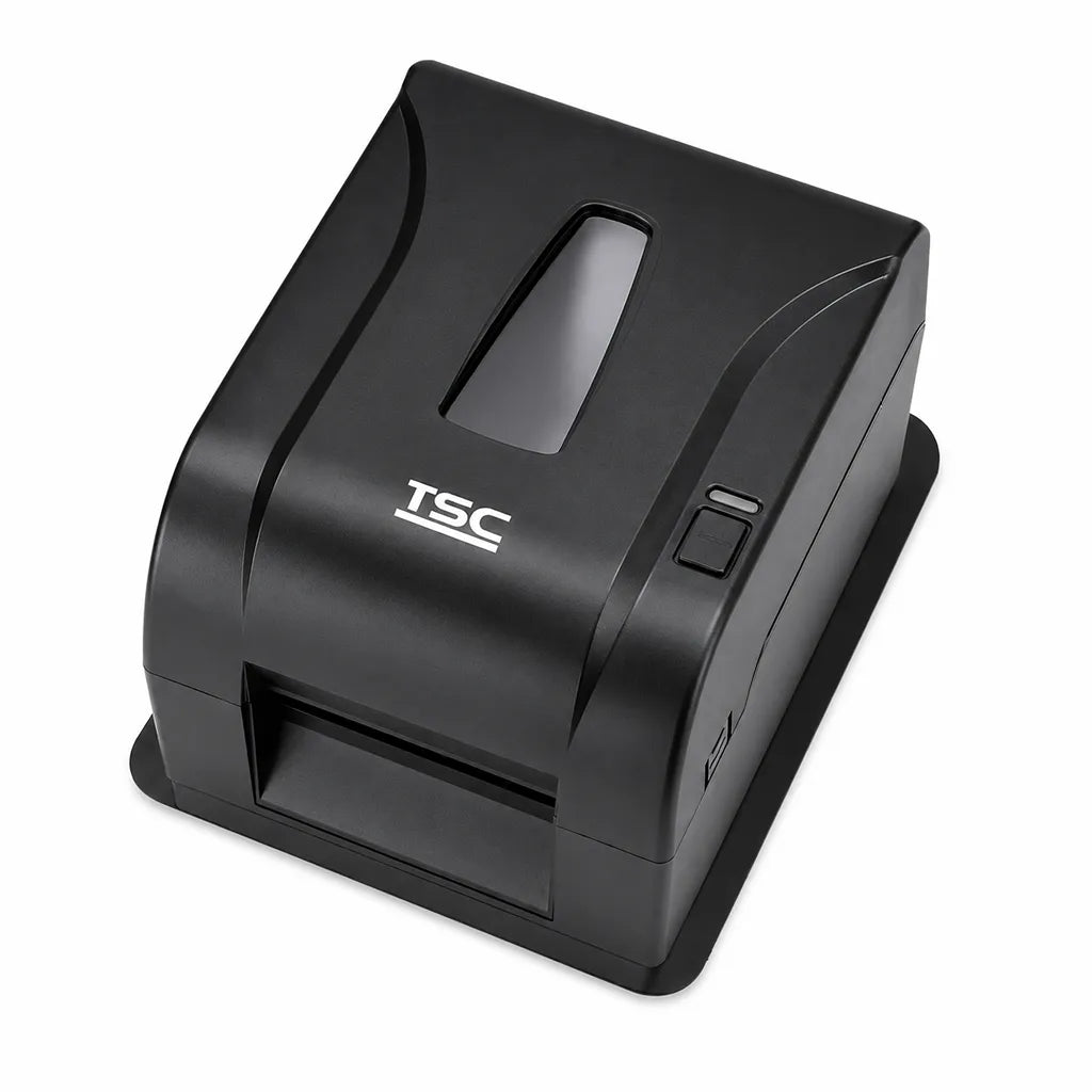 TSC TA220 Desktop Thermal Transfer Barcode Label Printer 203 DPI Black top perspective view highlighting compact desktop form factor - tpstech.in