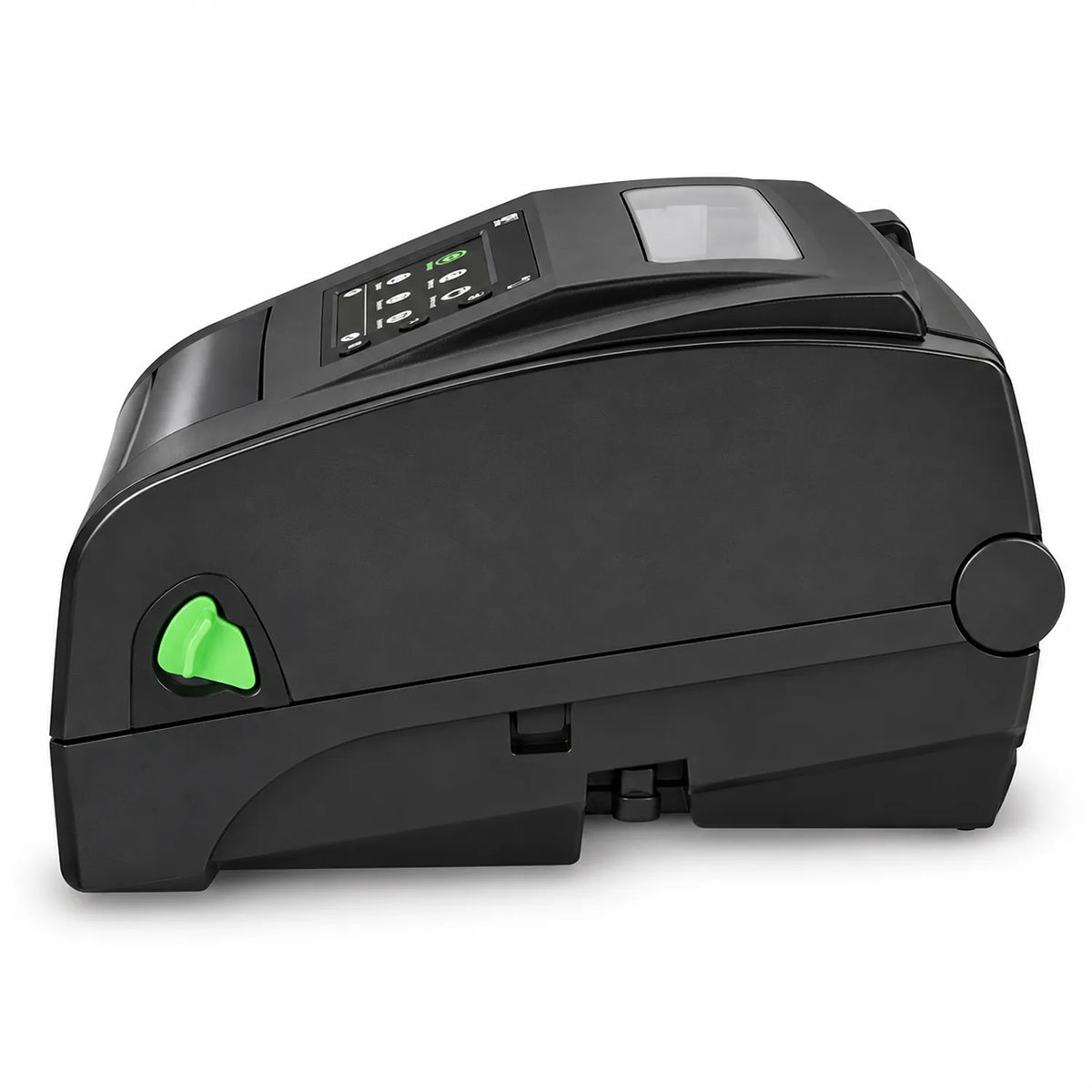 Side profile view of TSC TH340 300 DPI barcode label printer showing media latch and control panel -tpstech.in