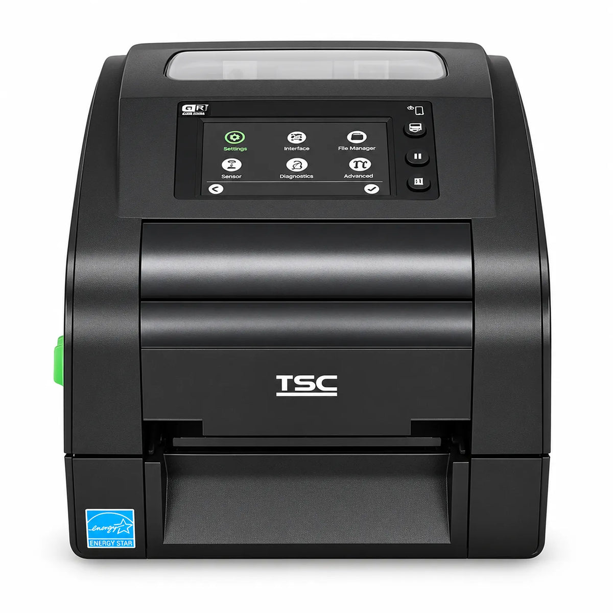 Front view of TSC TH340 300 DPI barcode label printer featuring color touch display and label slot -tpstech.in