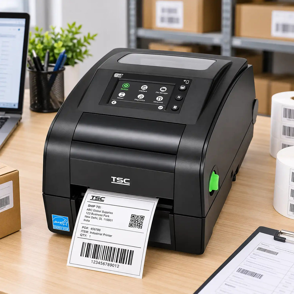 TSC TH340 300 DPI barcode label printer printing shipping labels with QR code on a workstation desk -tpstech.in