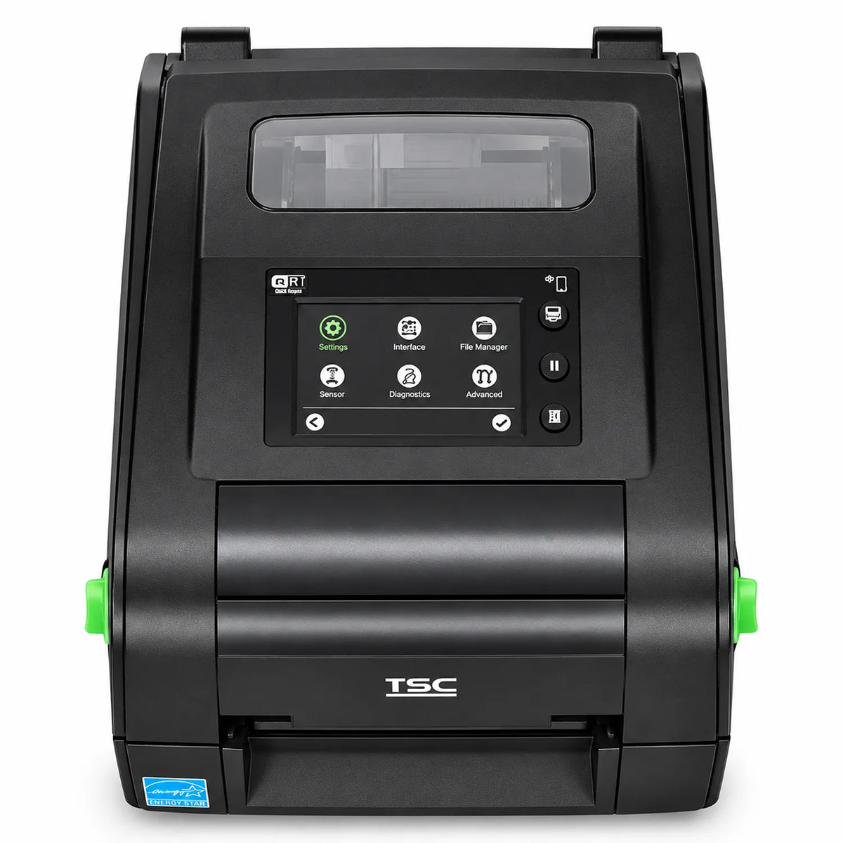 Top-down view of TSC TH340 300 DPI label printer highlighting the touch screen interface and media window -tpstech.in