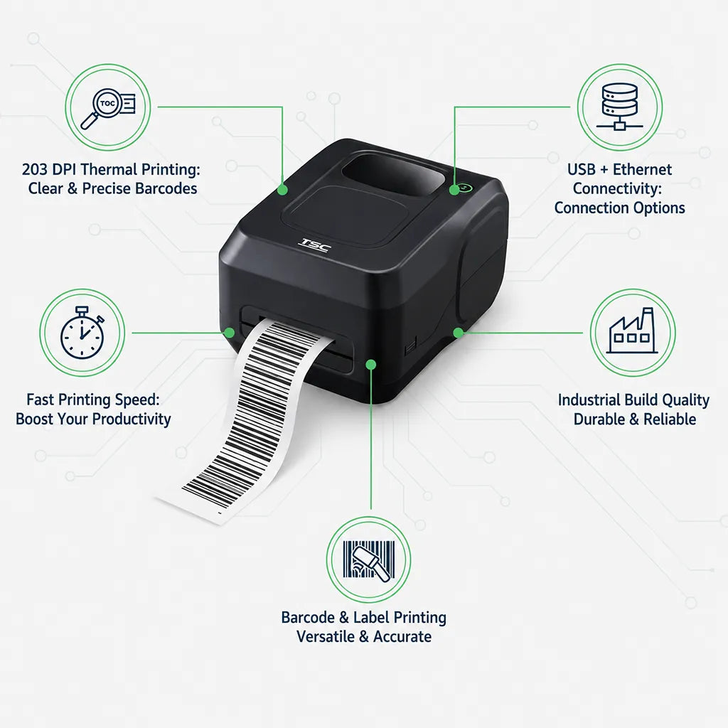 TSC TL240 Barcode Label Printer with 203 DPI thermal printing, USB and Ethernet connectivity, fast printing speed and industrial build quality - tpstech.in
