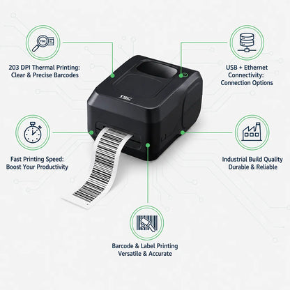 TSC TL240 Barcode Label Printer with 203 DPI thermal printing, USB and Ethernet connectivity, fast printing speed and industrial build quality - tpstech.in