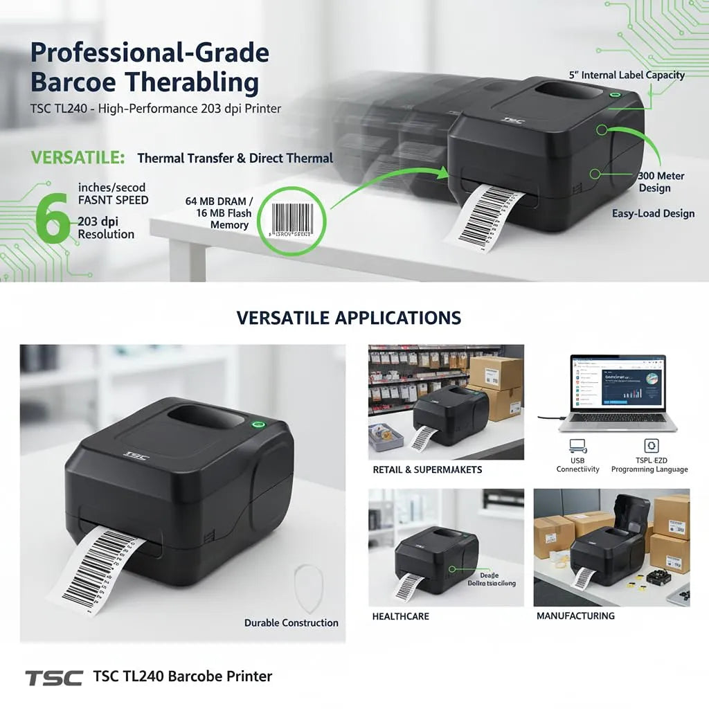 TSC TL240 Barcode Label Printer with 203 DPI printing, thermal transfer, direct thermal technology and versatile business applications - tpstech.in