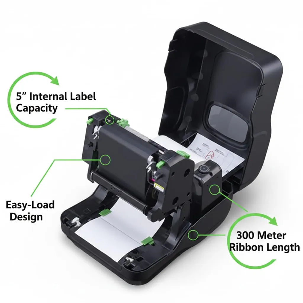 TSC TL240 Barcode Label Printer open cover showing easy-load design, 300 meter ribbon support and 5 inch internal label capacity - tpstech.in
