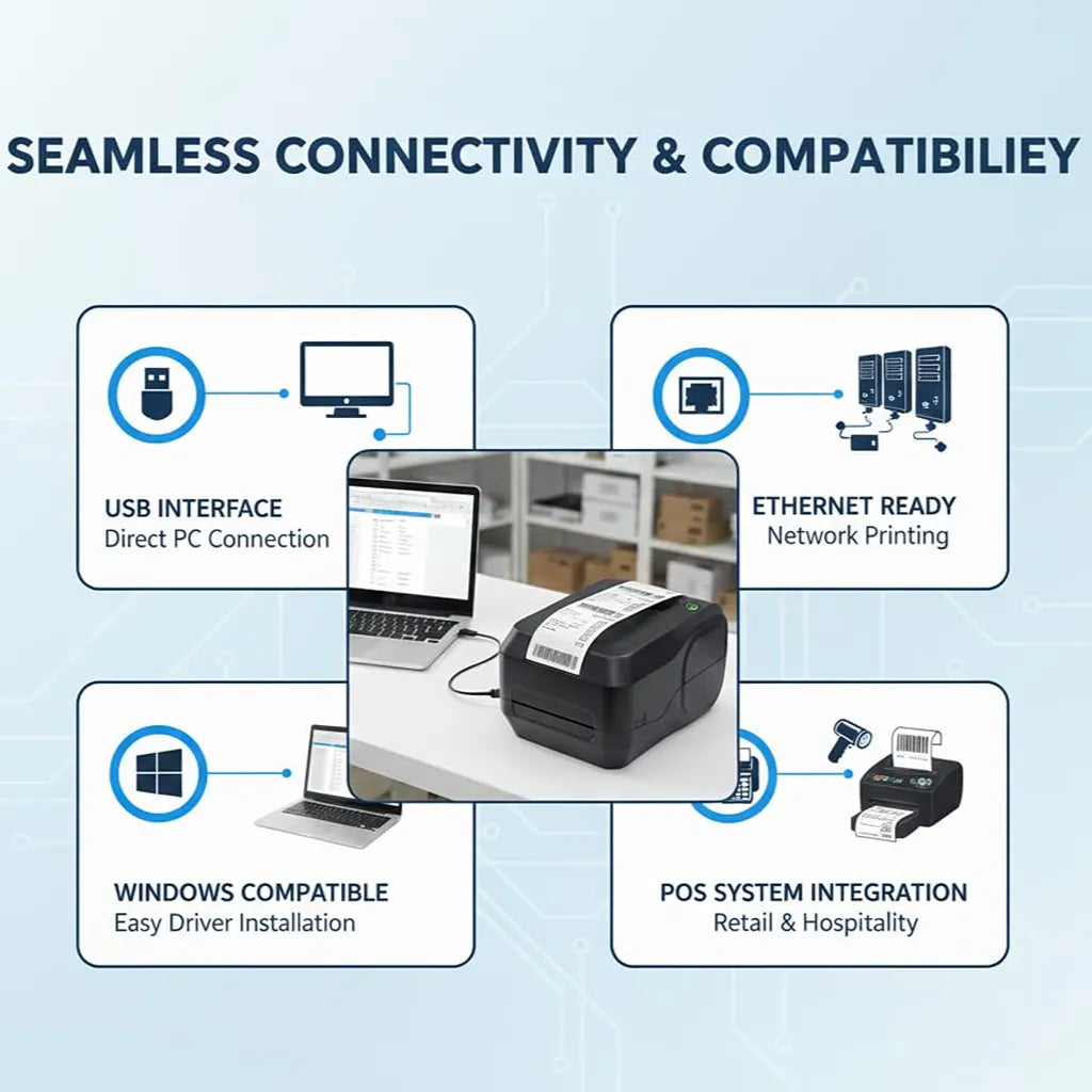 TSC TL240 Barcode Label Printer showing USB interface, Ethernet connectivity, Windows compatibility and POS system integration - tpstech.in