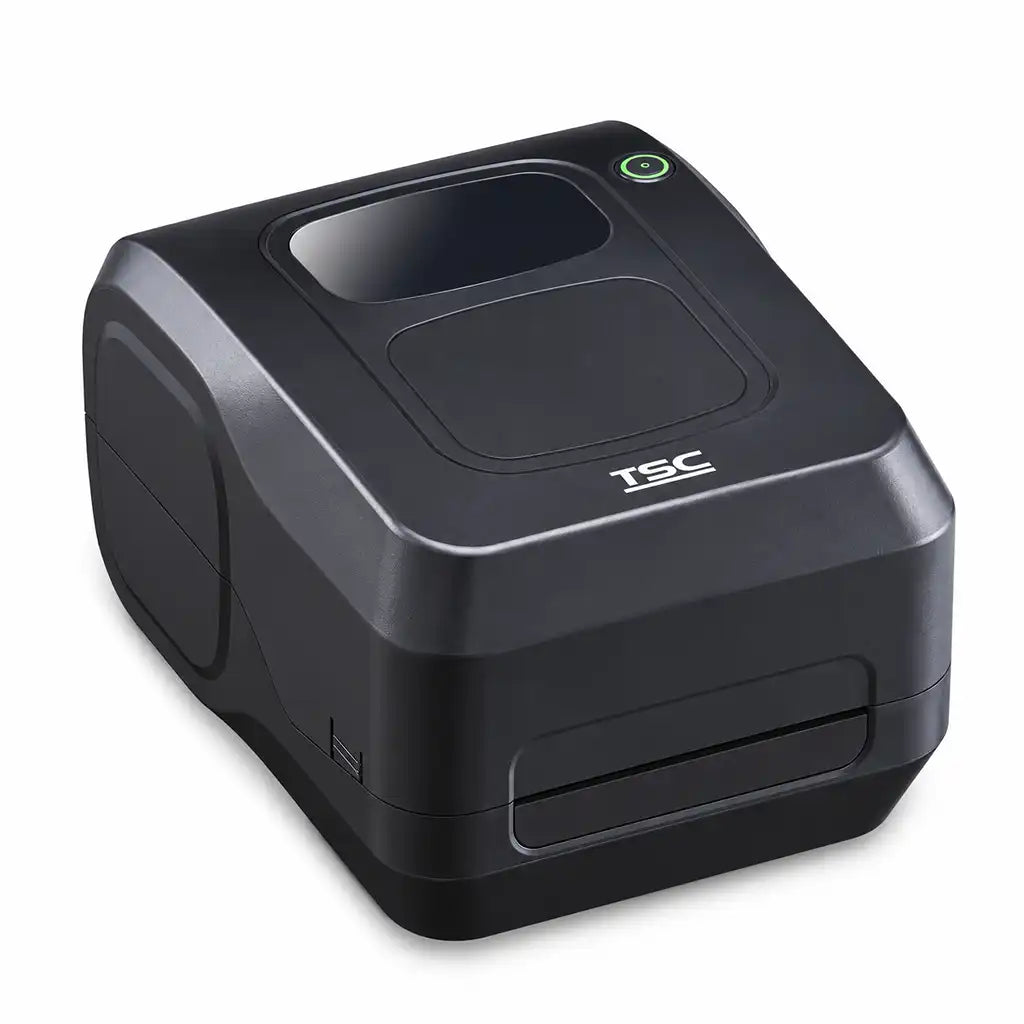 TSC TL241 4-Inch thermal label printer open clamshell mechanism showing easy thermal transfer ribbon and roll loading setup -tpstech.in