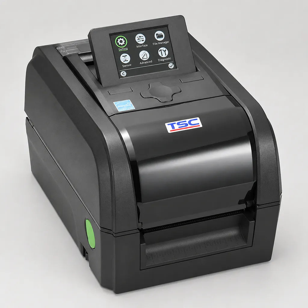 TSC TX210 Desktop Barcode Printer 203 DPI Thermal Transfer & Direct Thermal with LCD display and angled front view for professional label printing -tpstech.in