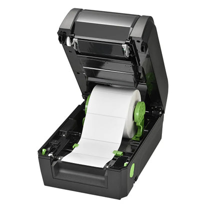TSC TX210 Desktop Barcode Printer with open cover showing label roll installation and media loading mechanism -tpstech.in