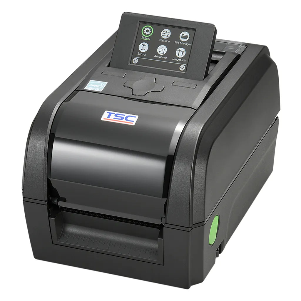 TSC TX210 Desktop Barcode Printer 203 DPI Thermal Transfer & Direct Thermal opposite angle view with LCD display and desktop form factor -tpstech.in