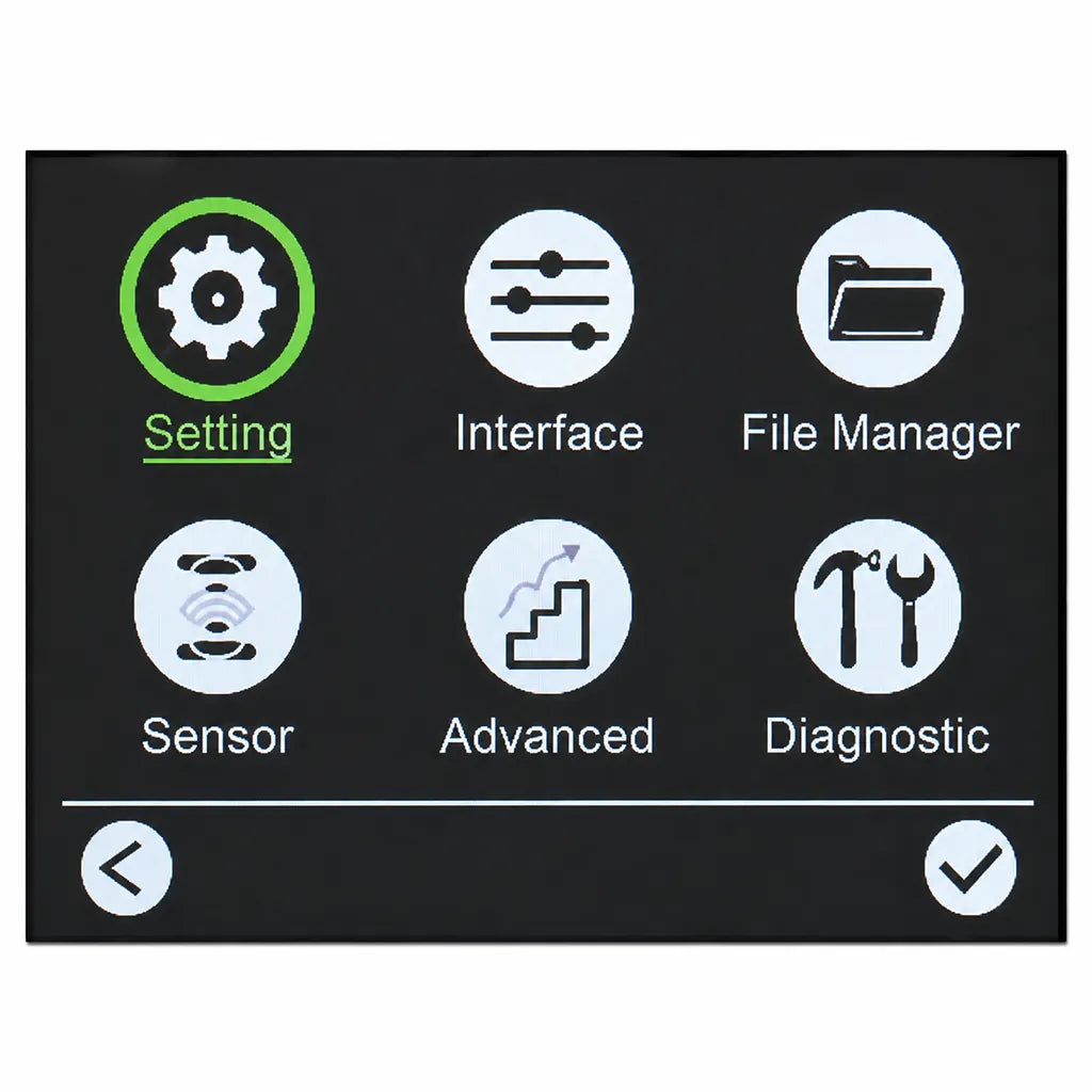 Close-up LCD touchscreen display of TSC TX210 Desktop Barcode Printer showing printer settings and menu interface -tpstech.in