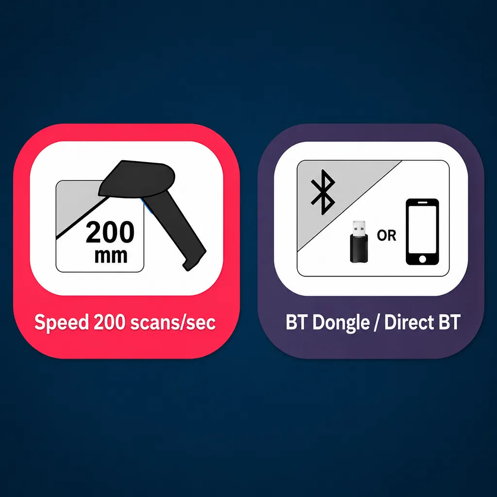 TVS Electronics BS-I201 S Bluetooth barcode scanner showing 200 scans per second speed and Bluetooth dongle connectivity -tpstech.in