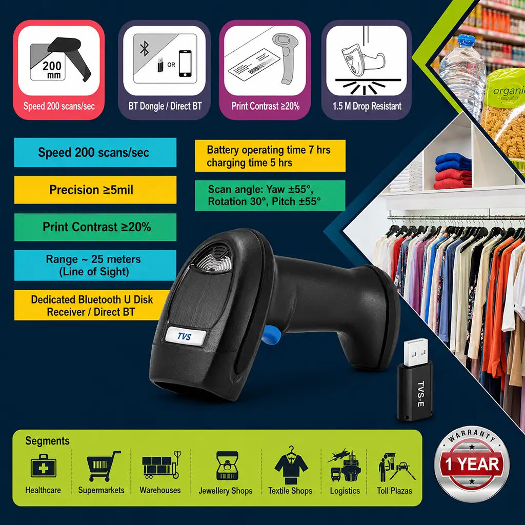 TVS Electronics BS-I201 S Bluetooth barcode scanner highlighting 200 scans per second 25m wireless range and 1.5m drop resistance -tpstech.in