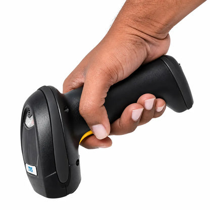 Handheld TVS Electronics BS-I201 S Bluetooth 2D barcode scanner showing ergonomic grip for retail warehouse and POS applications -tpstech.in