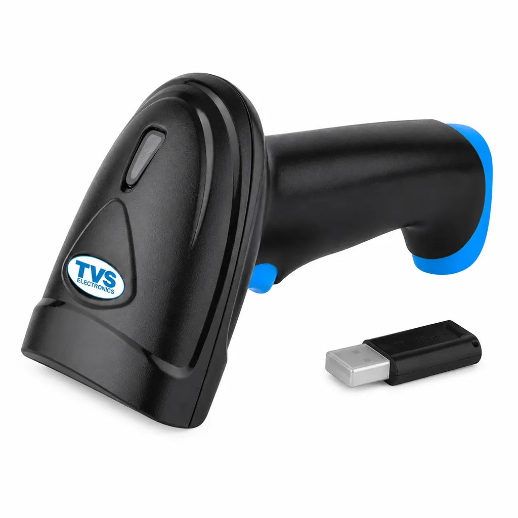 TVS Electronics BS-i201s WL Wireless 2D Barcode Scanner angled view with USB wireless receiver for fast barcode scanning -tpstech.in