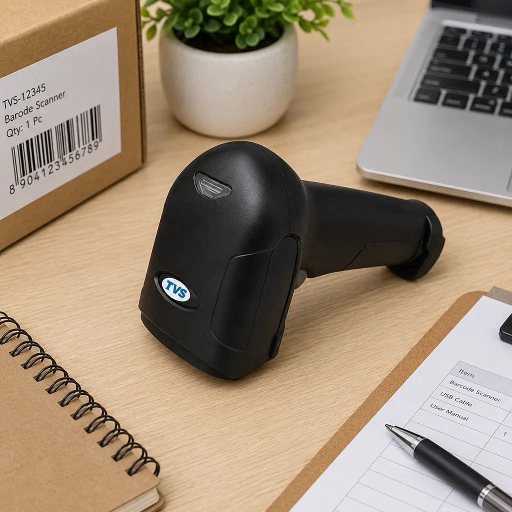 TVS BS-i201T USB handheld 2D barcode scanner placed on a workstation for retail, warehouse and inventory management -tpstech.in