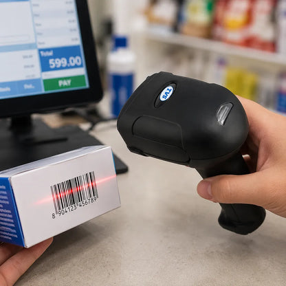 TVS BS-i201T USB 2D barcode scanner scanning a product barcode at a retail POS counter -tpstech.in