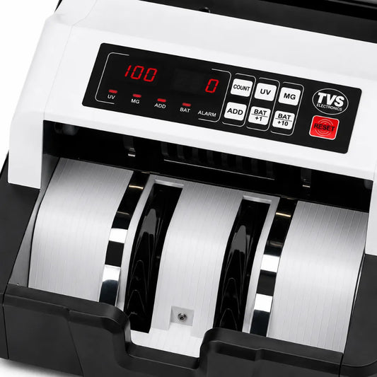 Close-up of the TVS CC 232 Classic cash counting machine control panel with UV, MG, batch and add function buttons.