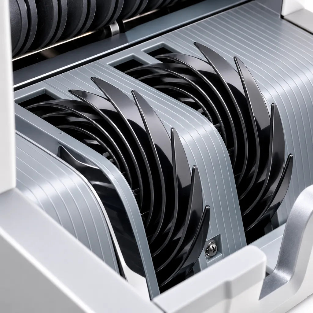 Close-up of the counting wheel mechanism inside the TVS CC 232 Classic cash counting machine.