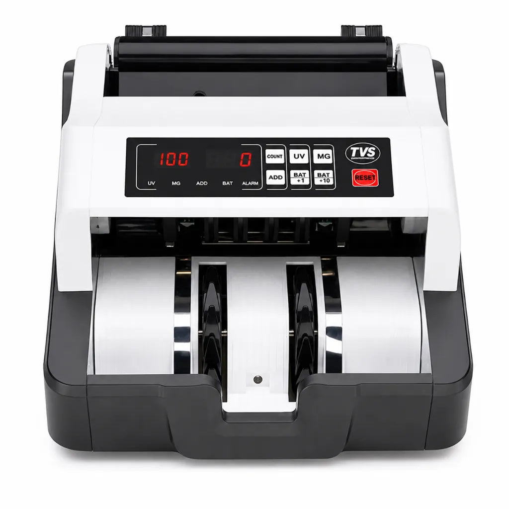 TVS CC 232 Classic cash counting machine front view with UV MG IR counterfeit detection and digital display.