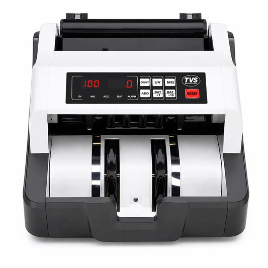 TVS CC 232 Classic cash counting machine front view with UV MG IR counterfeit detection and digital display.