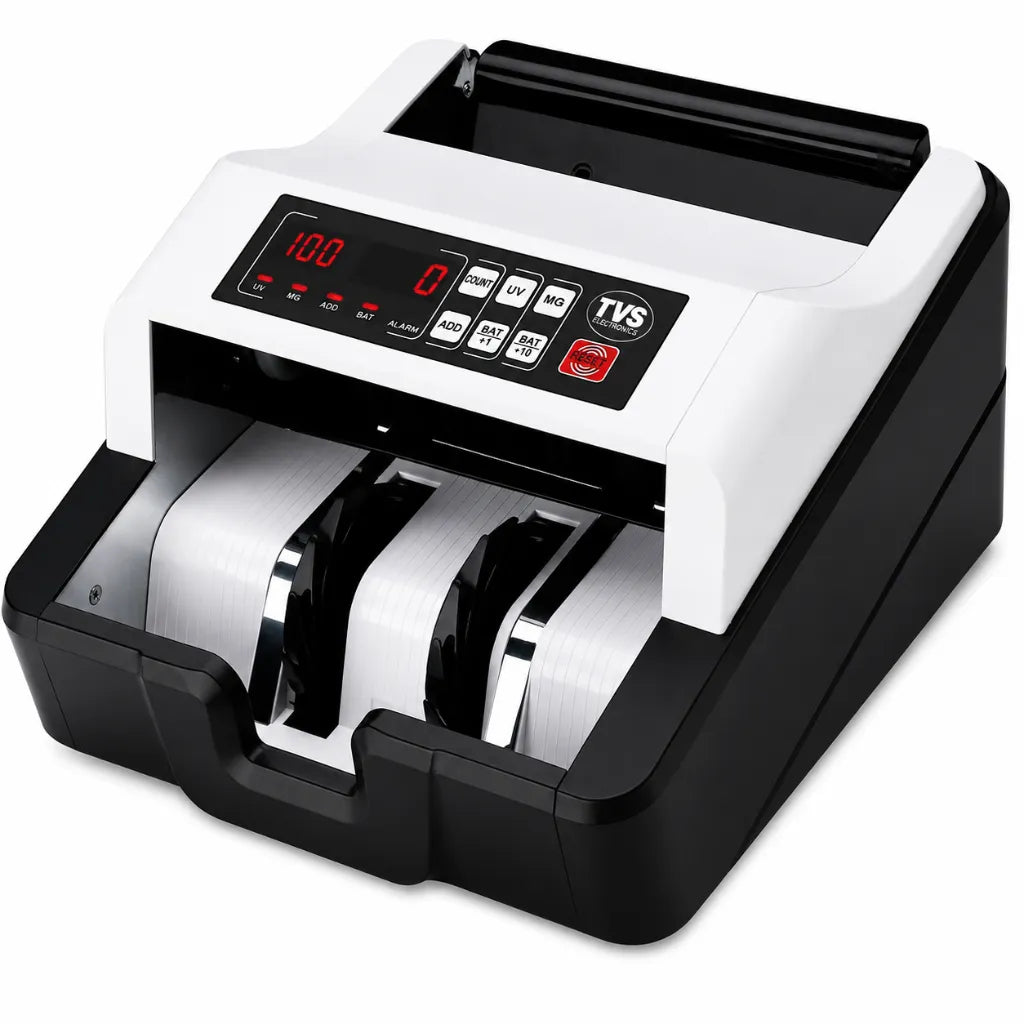 Left angle view of TVS CC 232 Classic cash counting machine with high-speed note counting and counterfeit detection.