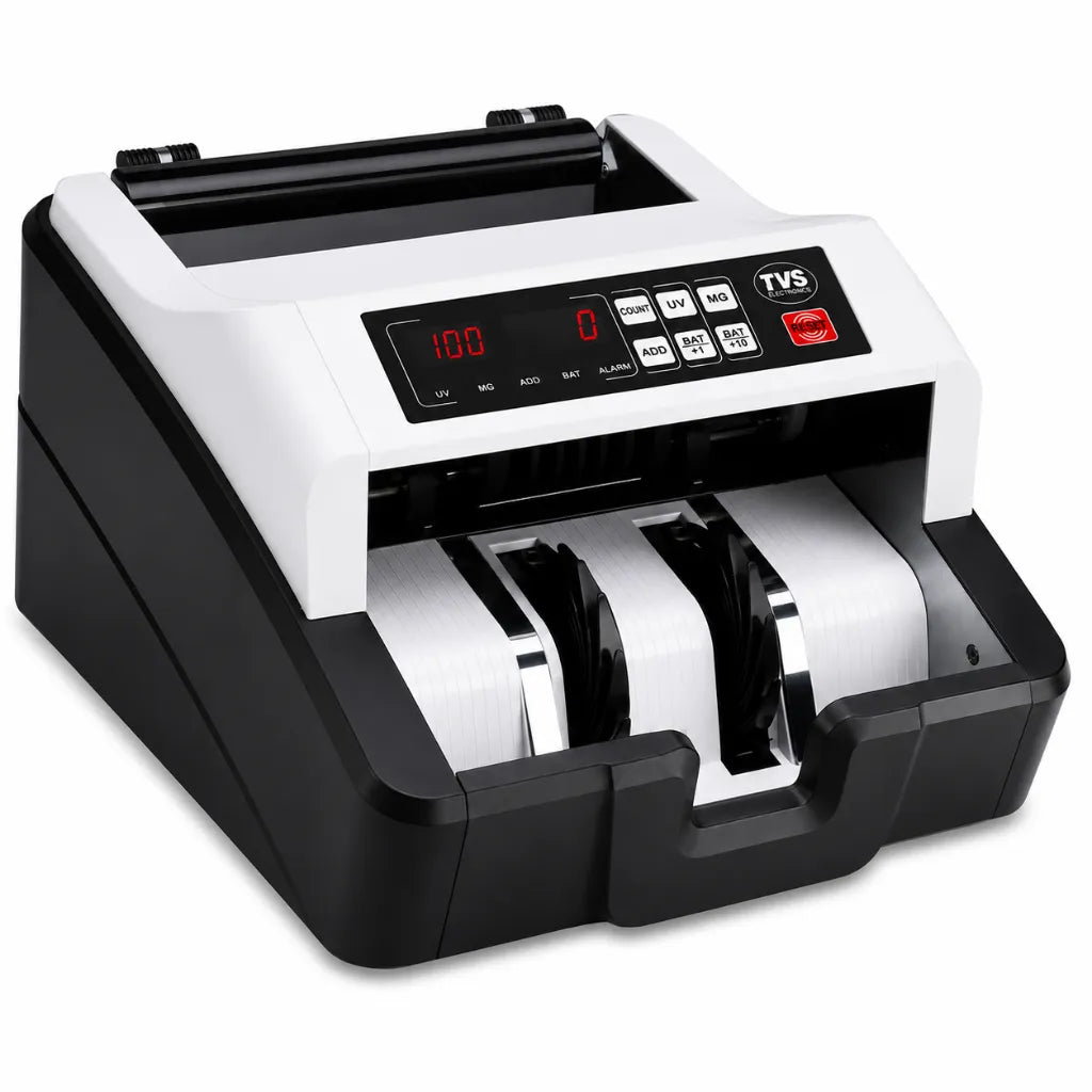 Right angle view of TVS CC 232 Classic cash counting machine for fast and accurate currency counting.