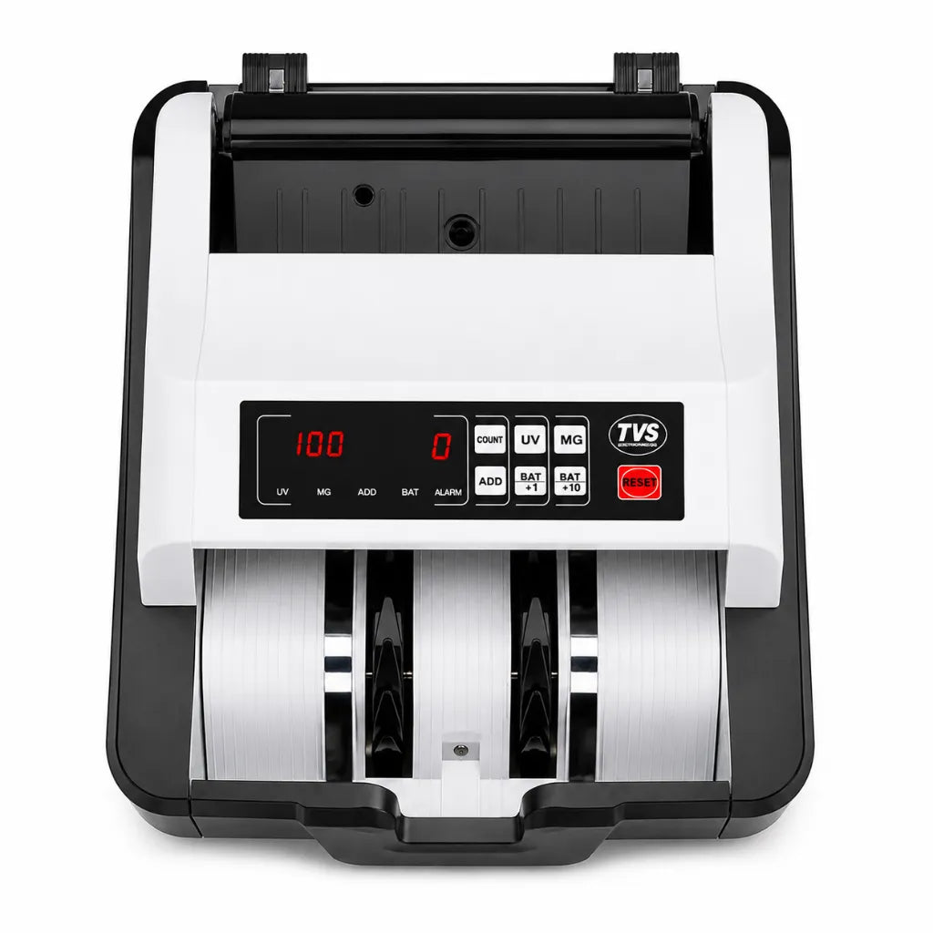 Top front view of TVS CC 232 Classic cash counting machine with digital control panel and note feeder.