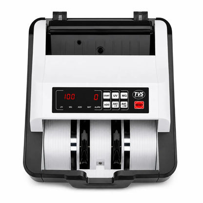 Top front view of TVS CC 232 Classic cash counting machine with digital control panel and note feeder.