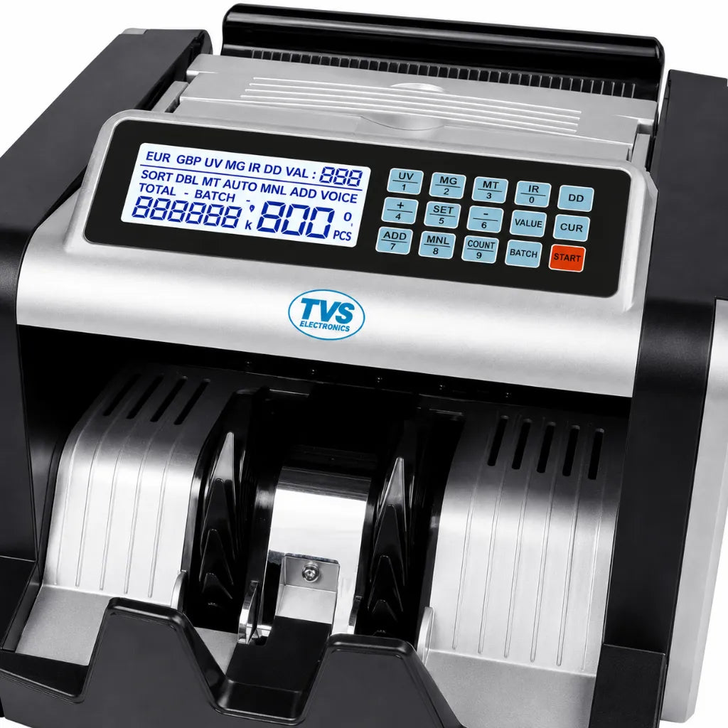 Close-up of the TVS CC 232 Classic+ control panel with LCD display, UV, MG, MT, IR and DD counterfeit detection buttons.