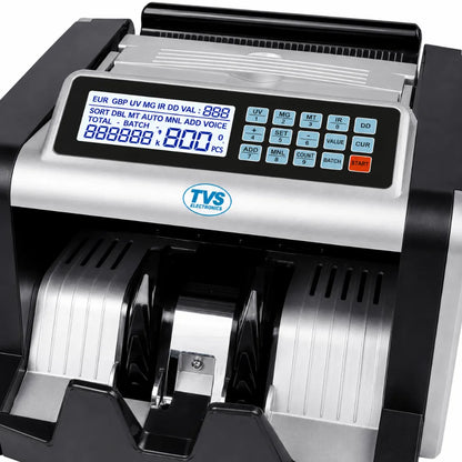 Close-up of the TVS CC 232 Classic+ control panel with LCD display, UV, MG, MT, IR and DD counterfeit detection buttons.