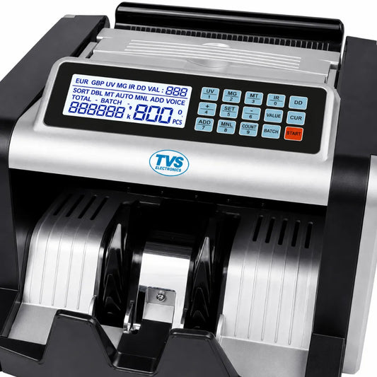 Close-up of the TVS CC 232 Classic+ control panel with LCD display, UV, MG, MT, IR and DD counterfeit detection buttons.