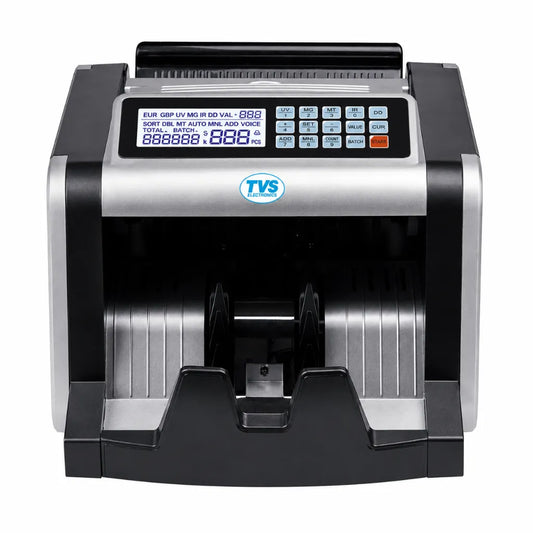 Front view of TVS CC 232 Classic+ cash counting machine with LCD display and counterfeit detection keypad.