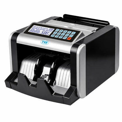 Left angle view of the TVS CC 232 Classic+ currency counting machine with LCD display and note counting tray.
