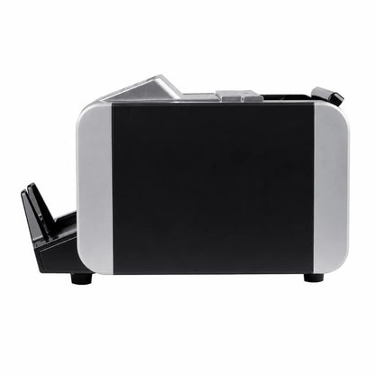 Left side view of the TVS CC 232 Classic+ cash counting machine with compact commercial design.