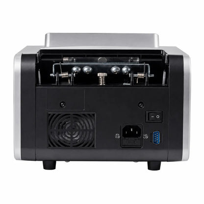 TVS CC 232 Classic+ cash counting machine rear view showing RS-232 port, power input and cooling fan.