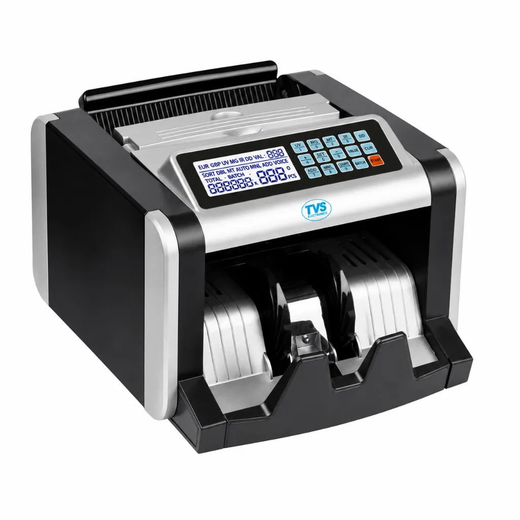 Right angle view of the TVS CC 232 Classic+ note counting machine with automatic currency counting system.