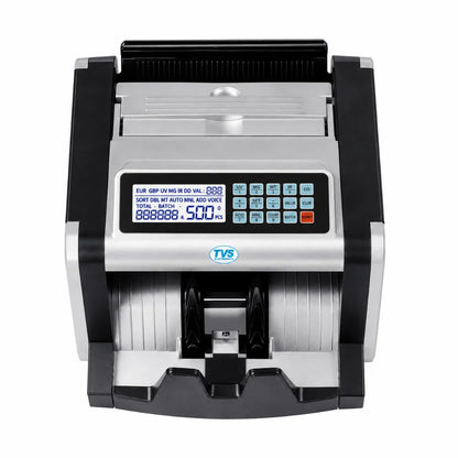 Top front view of TVS CC 232 Classic+ cash counting machine featuring LCD display and counterfeit detection controls.