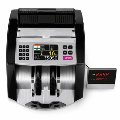 Front view of the TVS CC 453 Star+ cash counting machine showing TFT display and optional external customer display.