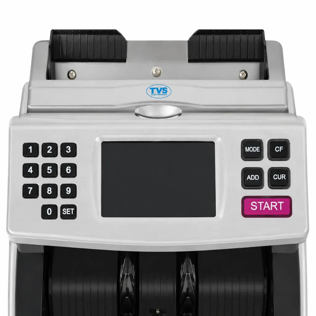 TVS CC 453 Star+ cash counting machine front view with mixed value counting, denomination sorting and counterfeit detection.