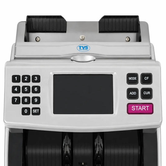 TVS CC 453 Star+ cash counting machine front view with mixed value counting, denomination sorting and counterfeit detection.