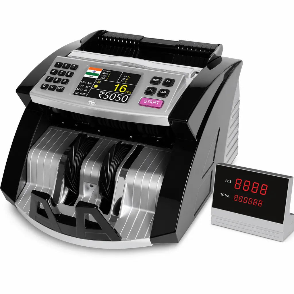 Left angle view of the TVS CC 453 Star+ cash counting machine with external customer display.