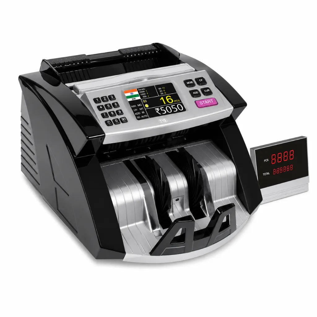 Right angle view of the TVS CC 453 Star+ mixed value cash counting machine with TFT display and customer display.