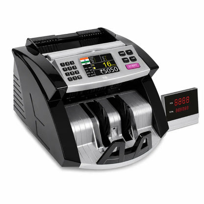 Right angle view of the TVS CC 453 Star+ mixed value cash counting machine with TFT display and customer display.