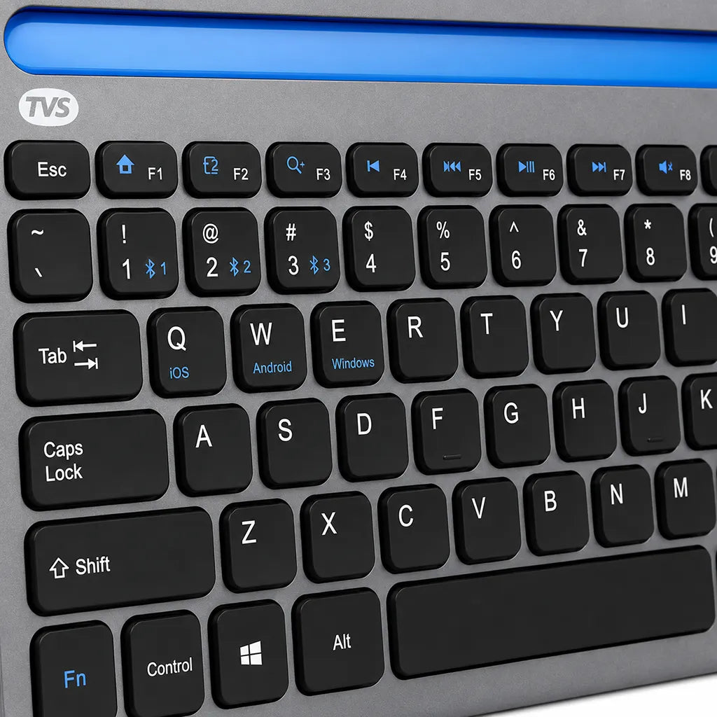 Close-up of TVS Electronics Champ BK372 Multi Device Wireless Bluetooth Keyboard showing Bluetooth shortcut keys and multi OS compatibility -tpstech.in